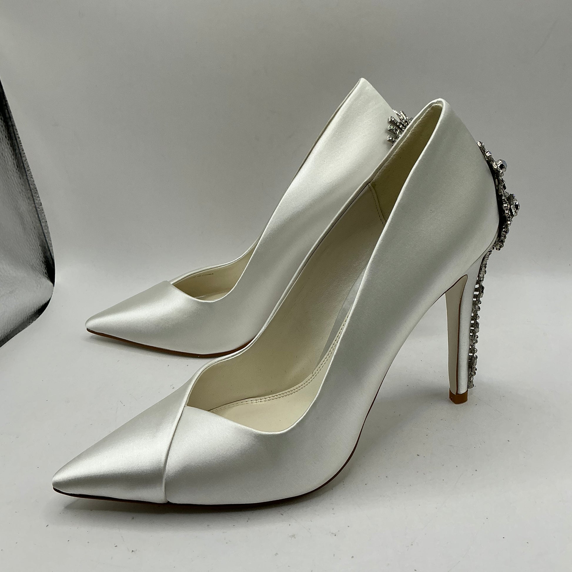White Satin Wedding Shoes With Sparkling embellishment on heels, Wedding, Bridesmaid