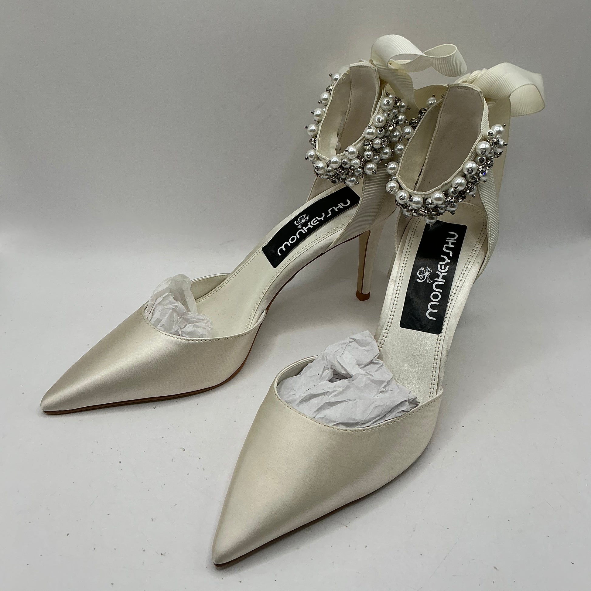 Ivory Satin Bridal Shoes with embellished ankle tie, Wedding