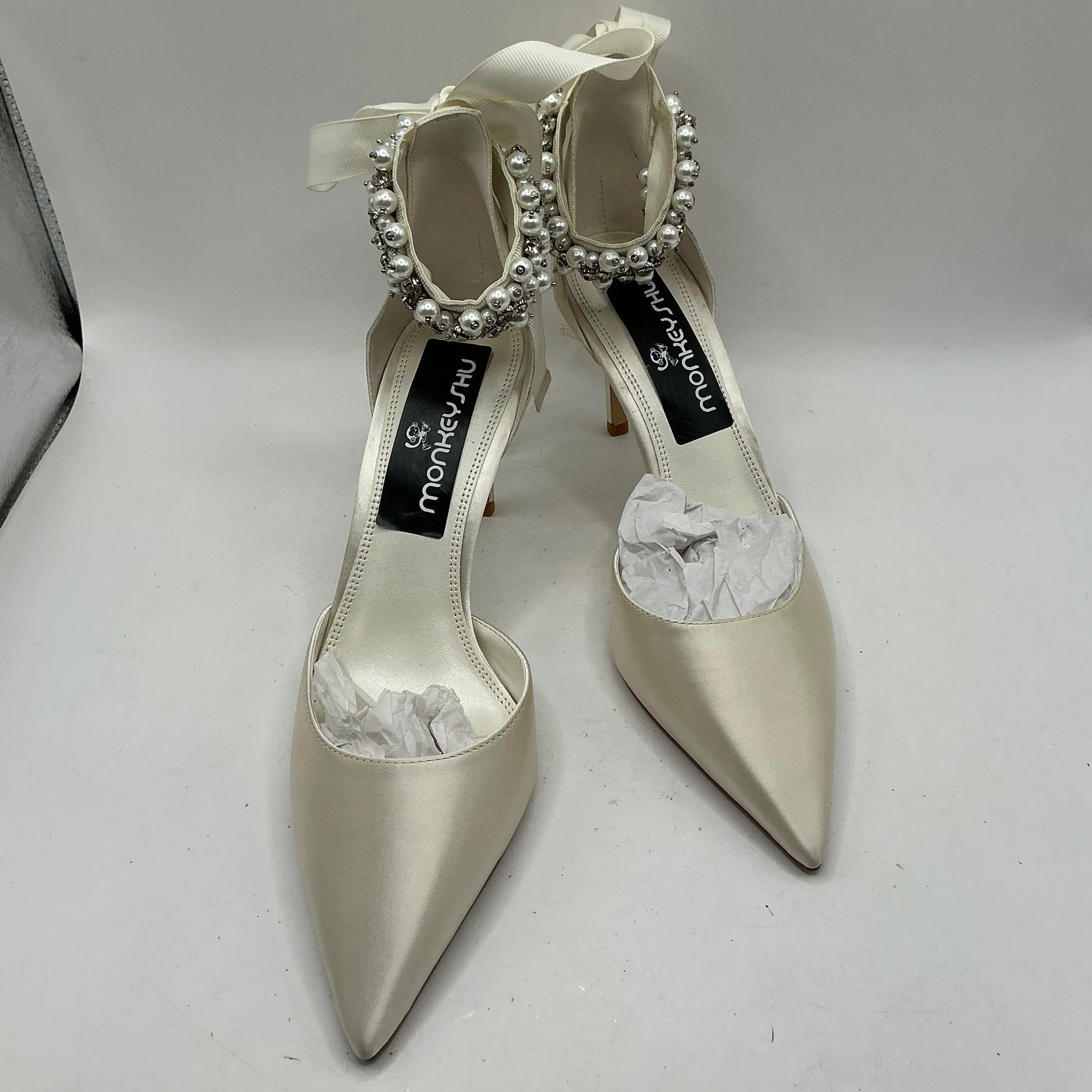 Ivory Satin Bridal Shoes with embellished ankle tie, Wedding