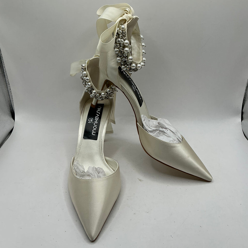 Ivory Satin Bridal Shoes with embellished ankle tie, Wedding