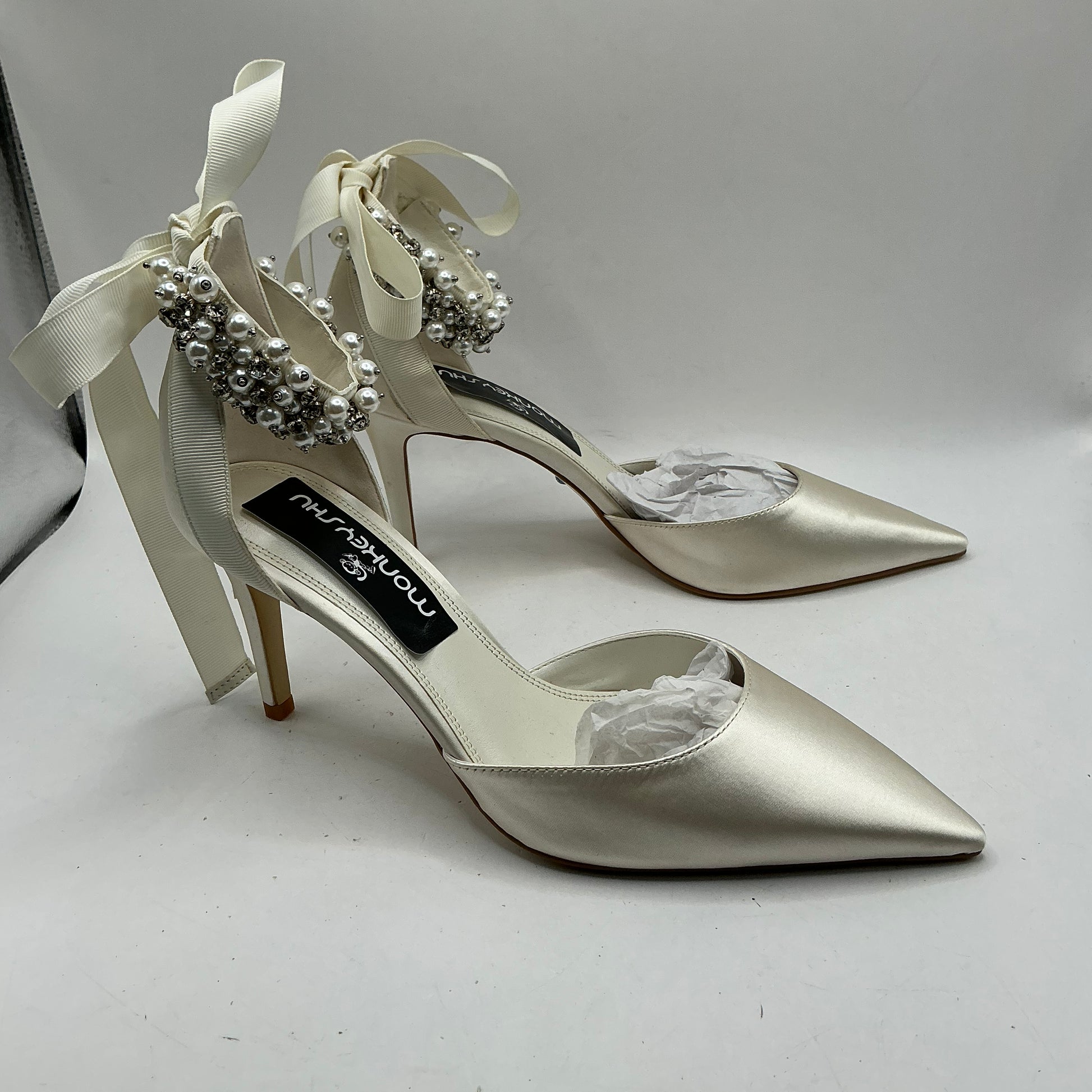 Ivory Satin Bridal Shoes with embellished ankle tie, Wedding