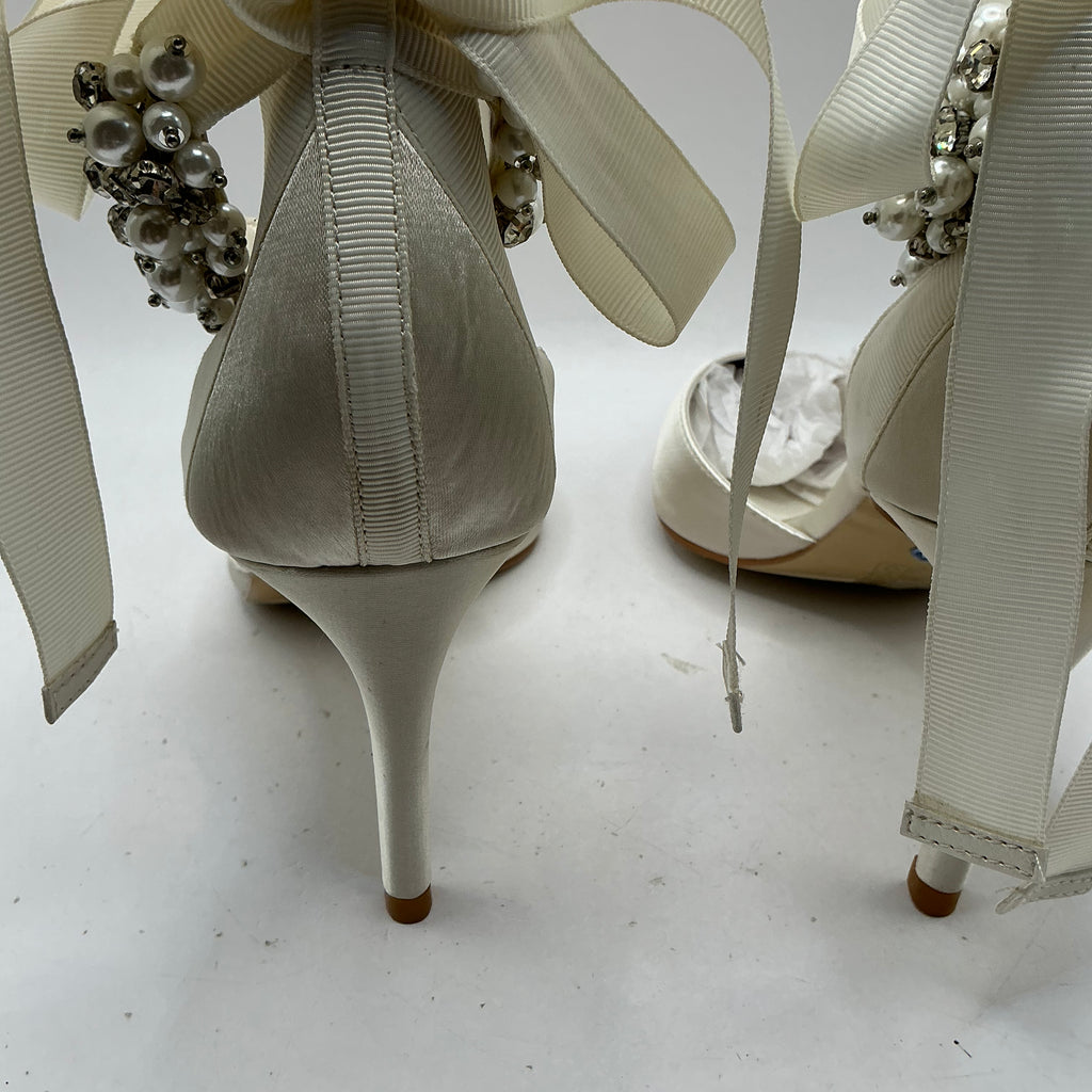 Ivory Satin Bridal Shoes with embellished ankle tie, Wedding