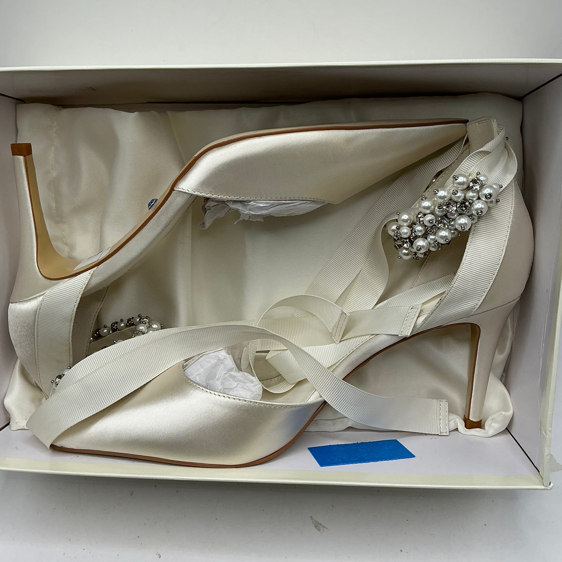 Ivory Satin Bridal Shoes with embellished ankle tie, Wedding