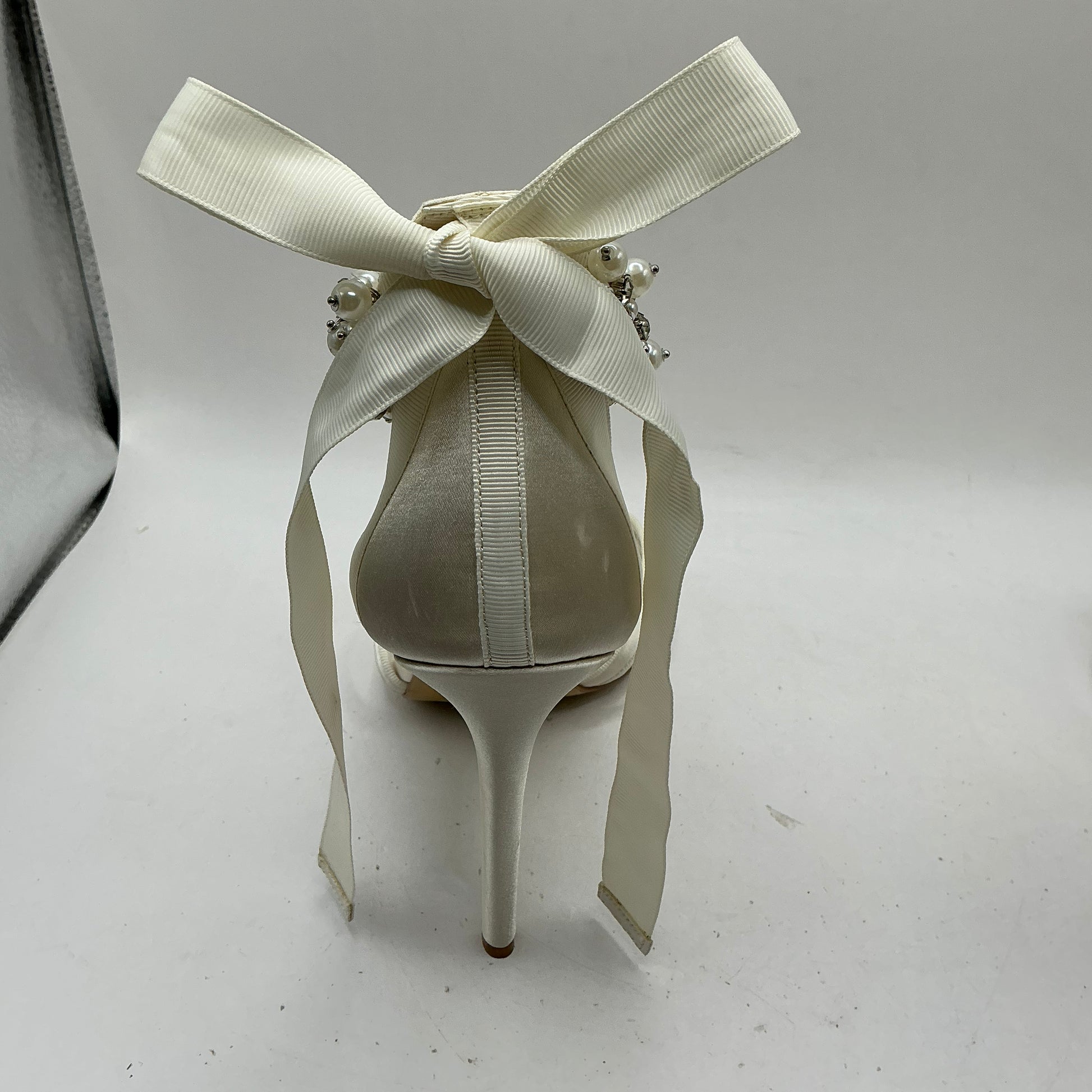 Ivory Satin Bridal Shoes with Embellished Ankle Tie, Wedding