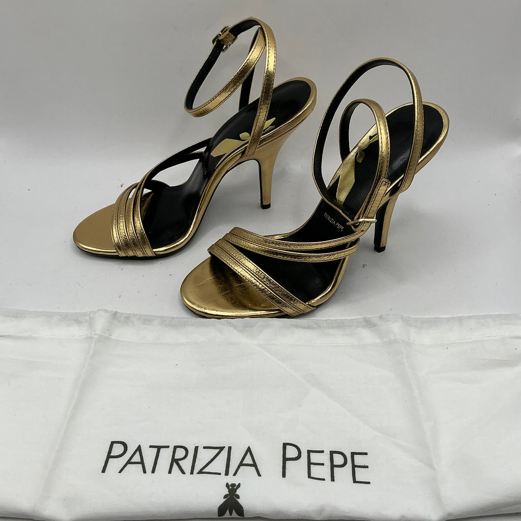 Patrizia Pepe gold leather stiletto sandals with ankle strap