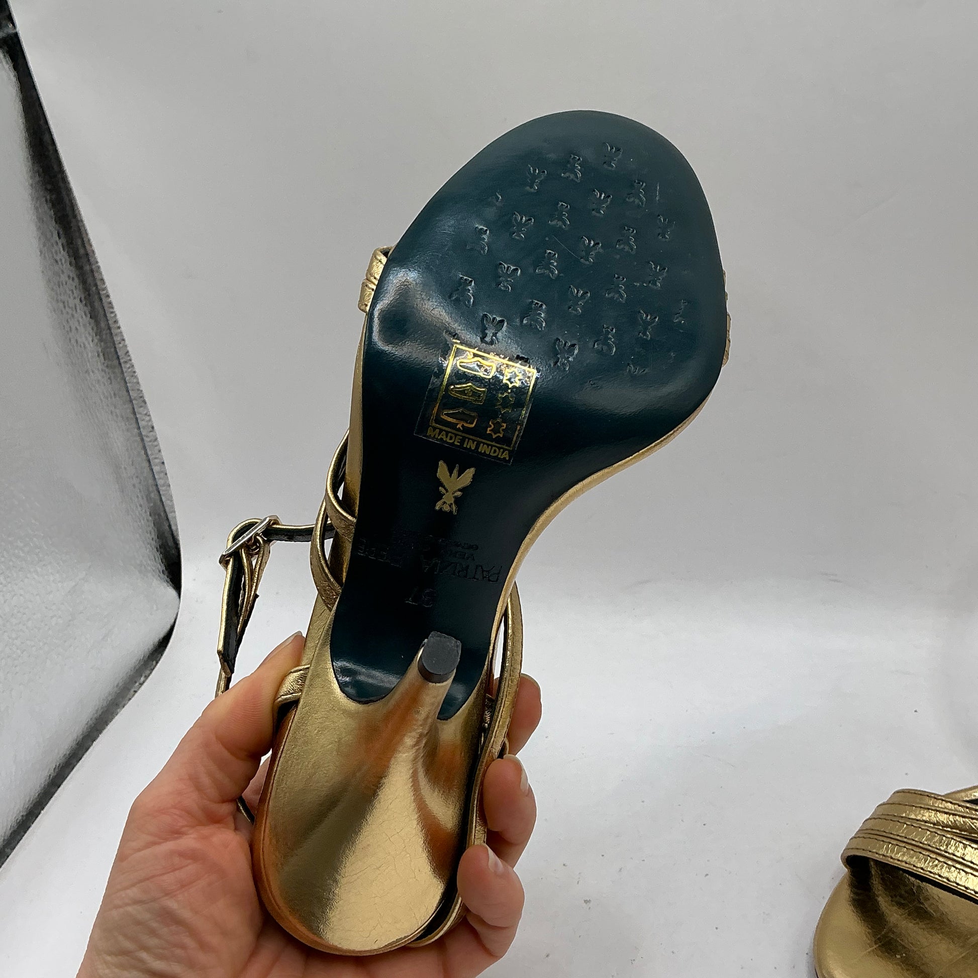 Patrizia Pepe gold leather stiletto sandals with ankle strap