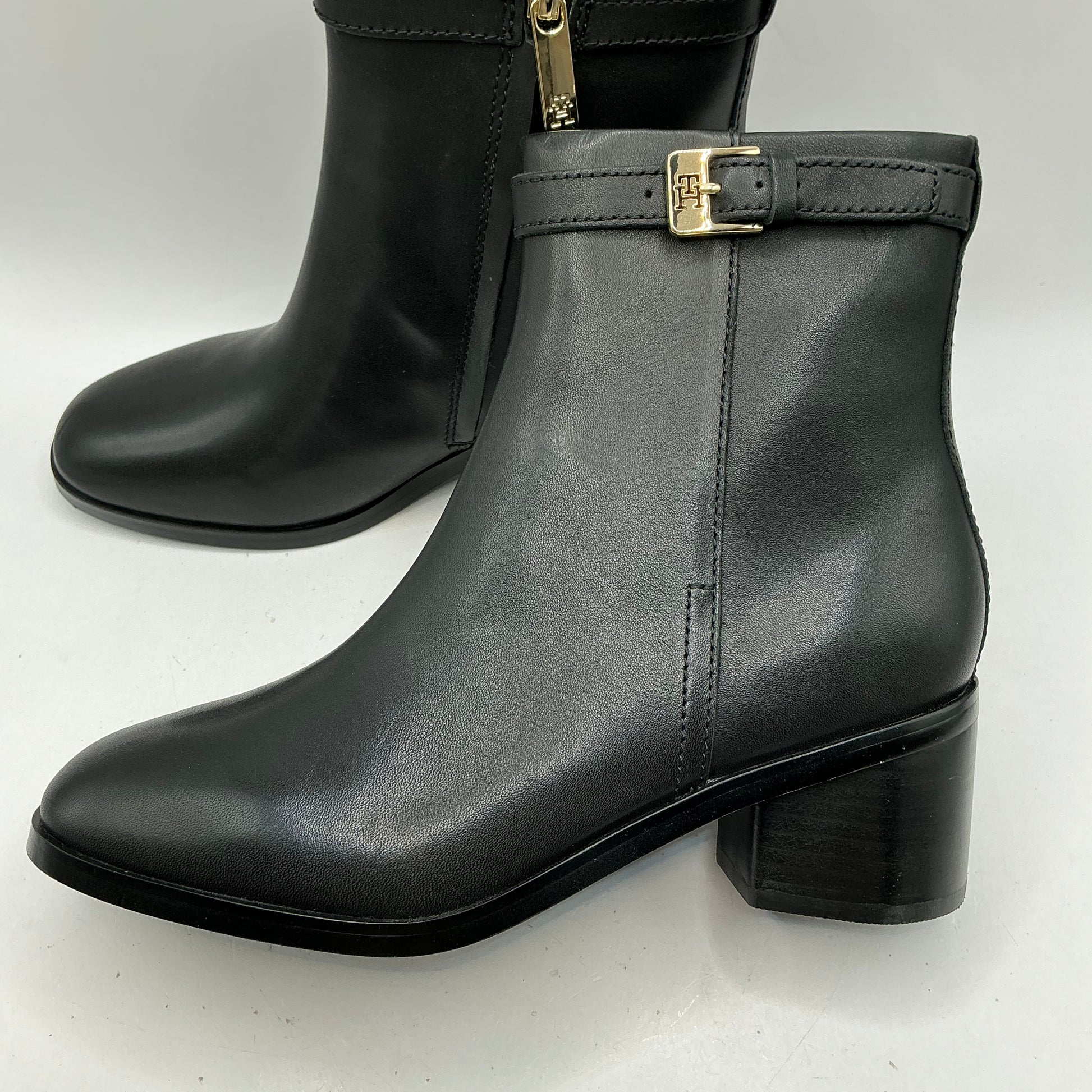Tommy Hilfiger buckle riding mid heel boots