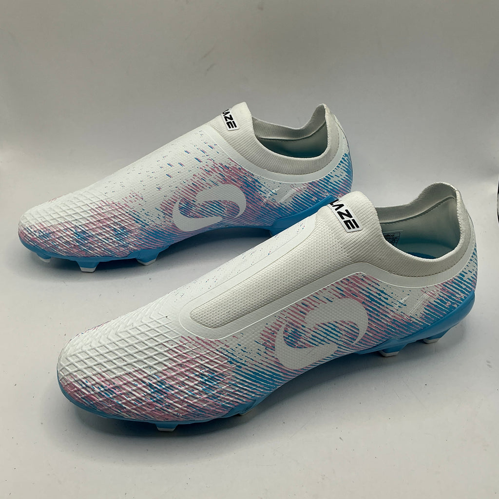 Sondico Laceless firm ground football boots, white, pink, blue