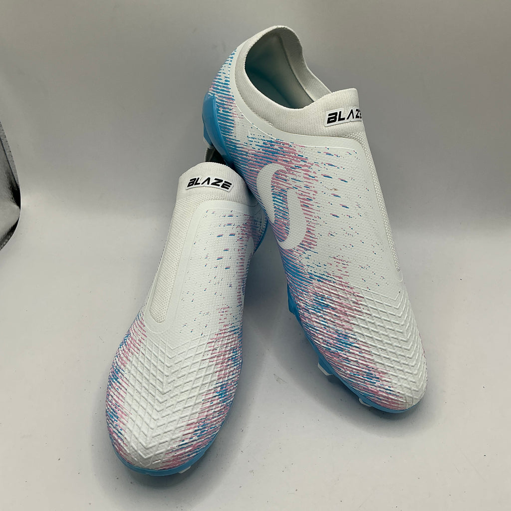 Sondico Laceless firm ground football boots, white, pink, blue