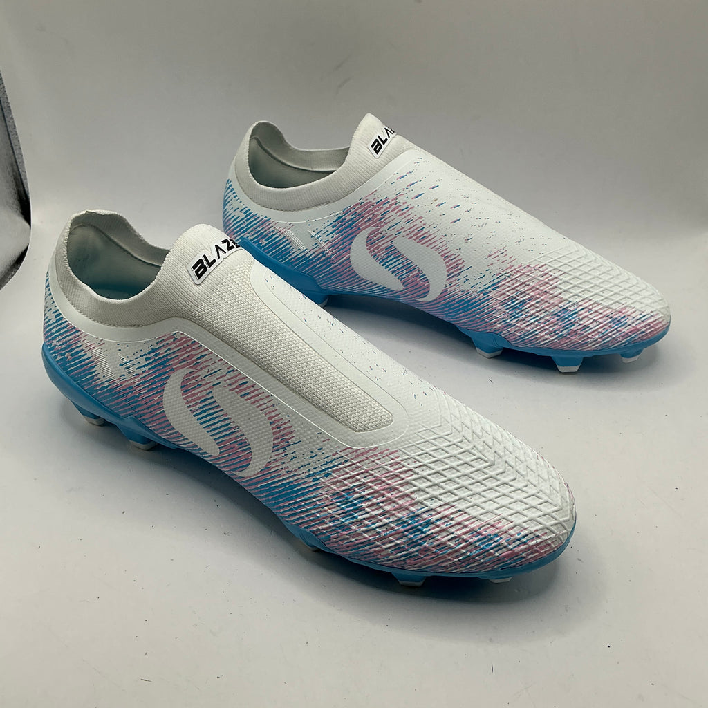 Sondico Laceless firm ground football boots, white, pink, blue