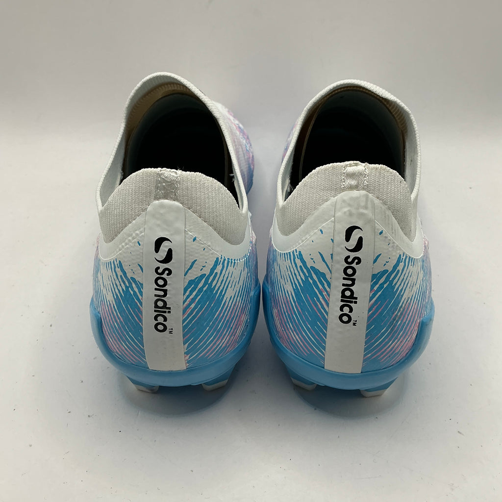 Sondico Laceless firm ground football boots, white, pink, blue