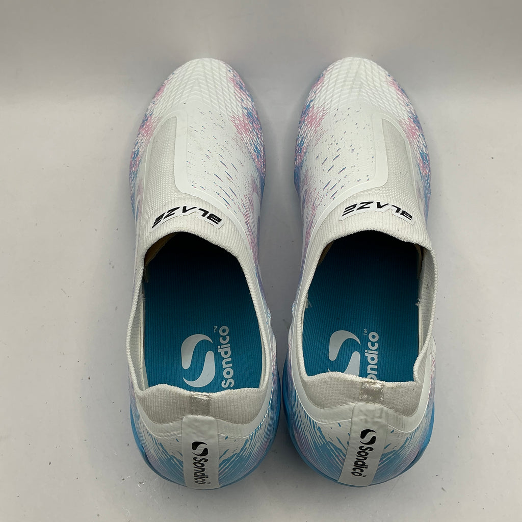 Sondico Laceless firm ground football boots, white, pink, blue